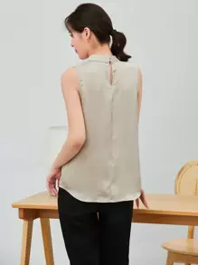 BizChic Women's Solid Color High Neck Pleated Decor Sleeveless Satin Loose Blouse, Basic Urban Commute Simple Elegant Fashionable Business Casual, Suitable For Teachers, Office, Weddings, Concerts - Apricot - View 2