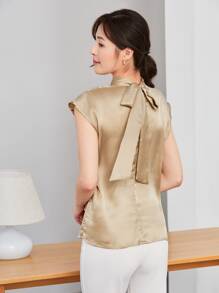 BizChic Tie Back Cap Sleeve Satin Top Workwear - Apricot - View 2