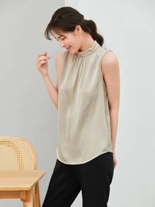 BizChic Women's Solid Color High Neck Pleated Decor Sleeveless Satin Loose Blouse, Basic Urban Commute Simple Elegant Fashionable Business Casual, Suitable For Teachers, Office, Weddings, Concerts - Apricot - View 3