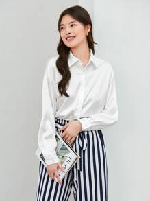 BizChic Drop Shoulder Button Front Satin Shirt Workwear - White - View 1