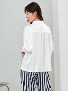 BizChic Drop Shoulder Button Front Satin Shirt Workwear - White - View 2