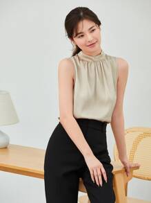 BizChic Women's Solid Color High Neck Pleated Decor Sleeveless Satin Loose Blouse, Basic Urban Commute Simple Elegant Fashionable Business Casual, Suitable For Teachers, Office, Weddings, Concerts - Apricot - View 4