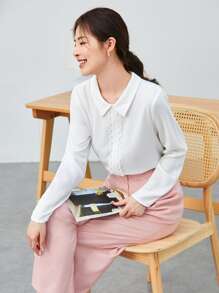 SHEIN Clasi Guipure Lace Trim Blouse - White - View 1