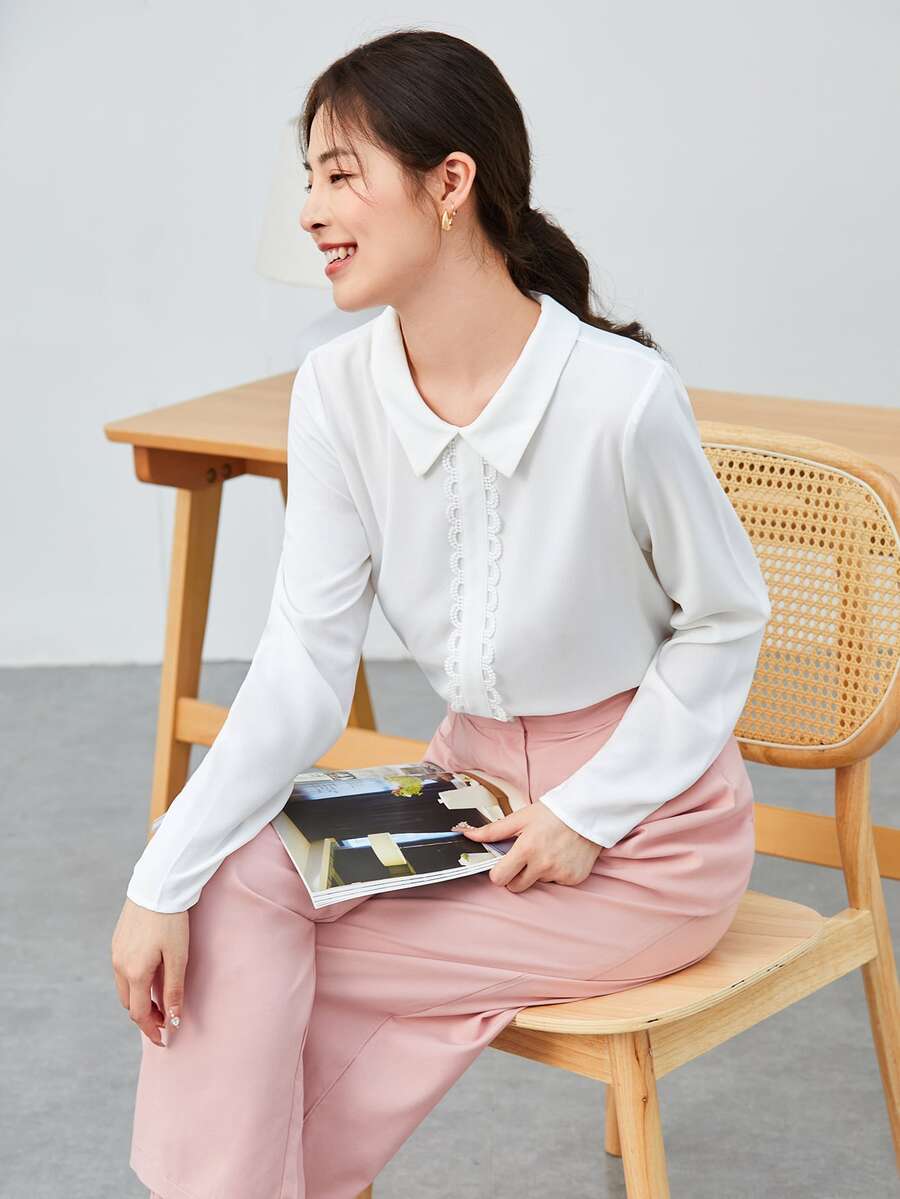 SHEIN Clasi Guipure Lace Trim Blouse - White - View 1