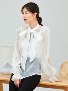 Modelyn Pearls Bow Front Flounce Sleeve Blouse Without Cami Top - Beige - View 1