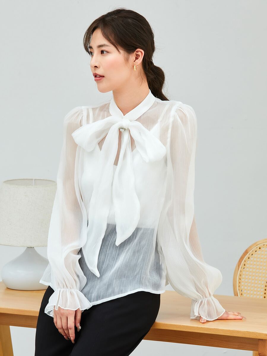 Modelyn Pearls Bow Front Flounce Sleeve Blouse Without Cami Top - Beige - View 1