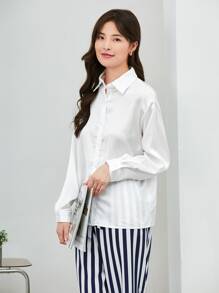 BizChic Drop Shoulder Button Front Satin Shirt Workwear - White - View 3