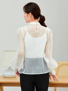 Modelyn Pearls Bow Front Flounce Sleeve Blouse Without Cami Top - Beige - View 2