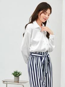 BizChic Drop Shoulder Button Front Satin Shirt Workwear - White - View 4