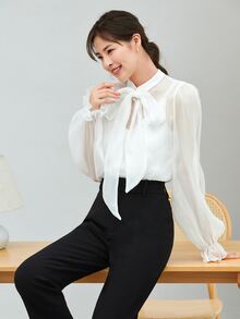 Modelyn Pearls Bow Front Flounce Sleeve Blouse Without Cami Top - Beige - View 4