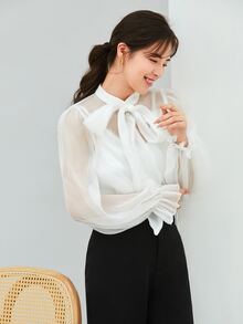 Modelyn Pearls Bow Front Flounce Sleeve Blouse Without Cami Top - Beige - View 5