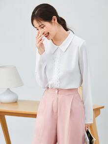 SHEIN Clasi Guipure Lace Trim Blouse - White - View 3