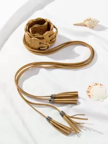 1入組女性流蘇裝飾時尚草編腰帶適用於日常 - 駝色 - 查看 3