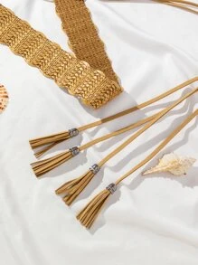 1入組女性流蘇裝飾時尚草編腰帶適用於日常 - 駝色 - 查看 4