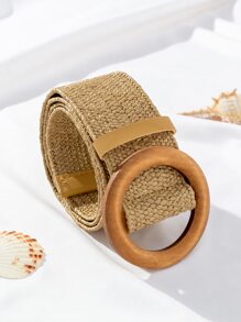 1 pieza Cinturón elástico de mujer con hebilla redonda de madera, adecuado para playa y vacaciones - Caqui - Ver 1