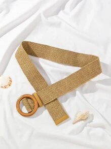 1 pieza Cinturón elástico de mujer con hebilla redonda de madera, adecuado para playa y vacaciones - Caqui - Ver 2