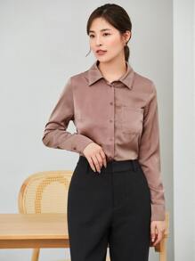 SHEIN Privé 正面有口袋纯色衬衫、长袖上衣 - 藕粉色 - 查看 1