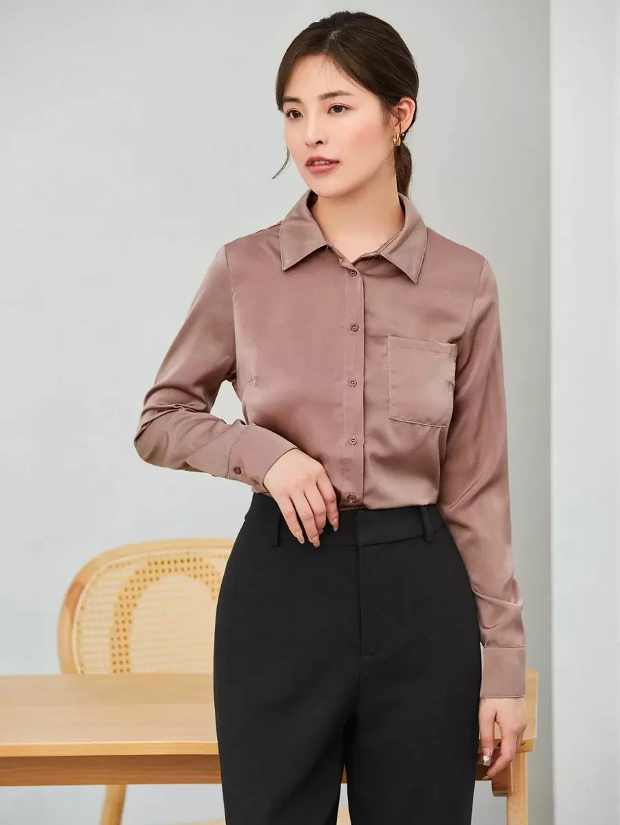 SHEIN Privé 正面有口袋纯色衬衫、长袖上衣 - 藕粉色 - 查看 1