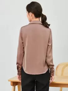 SHEIN Privé 正面有口袋纯色衬衫、长袖上衣 - 藕粉色 - 查看 2