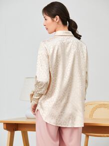 SHEIN Clasi Leopard Jacquard Satin Shirt,Long Sleeve Tops - Apricot - View 2