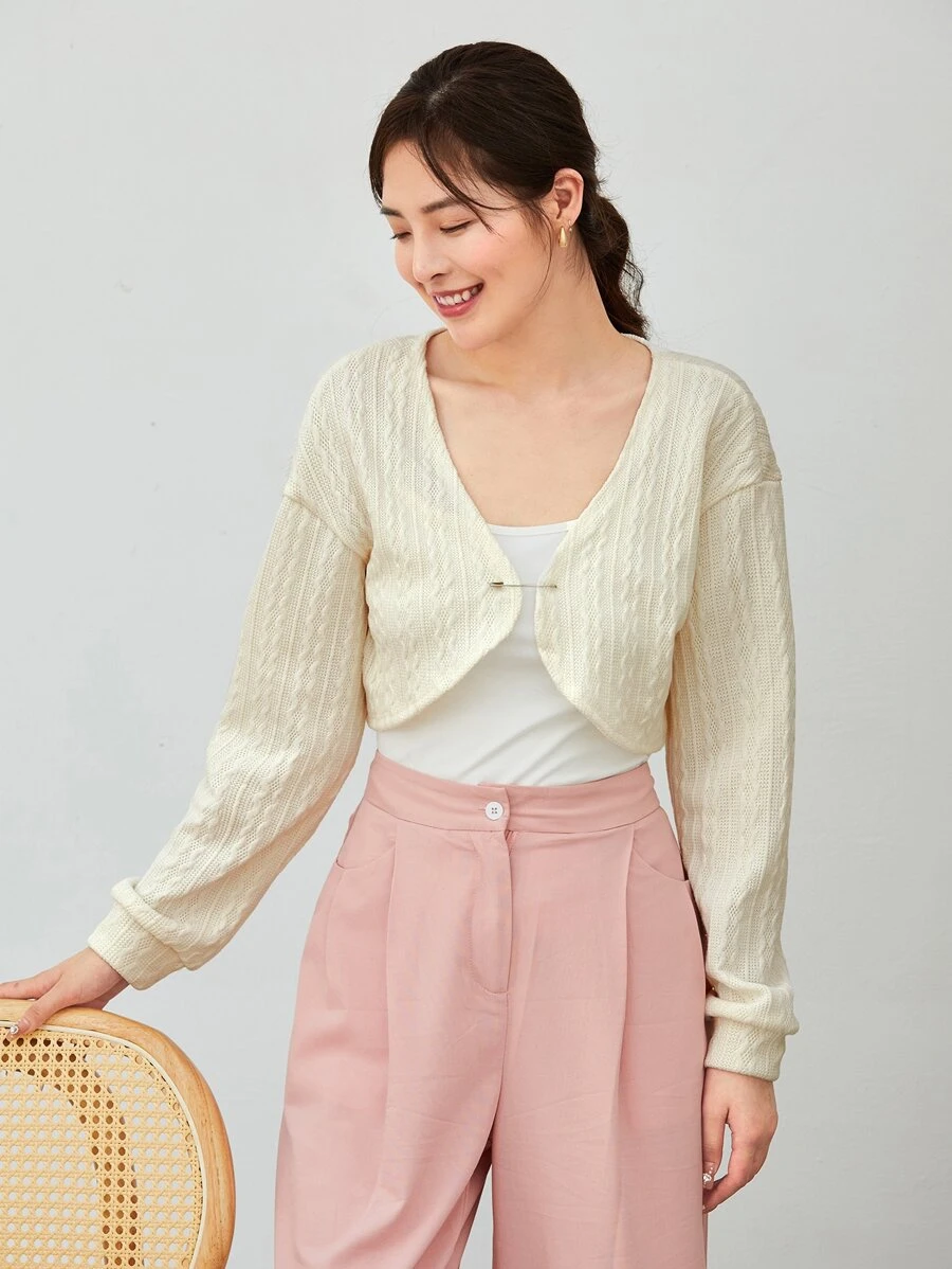 SHEIN Qutie Pin Detail Cable Knit Cardigan - White - View 1