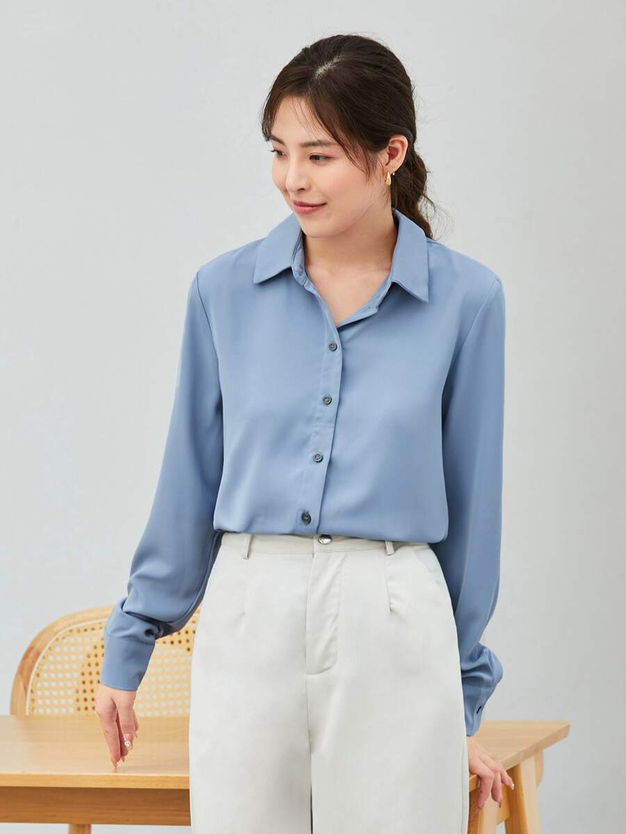 BizChic Women's Solid Color Lapel Cardigan Long Sleeve Drape Blouse, Basic Urban Commute Style, Simple Elegant Fashionable Business Casual Outfit, Suitable For Teachers And Office Wear - Blue - View 1