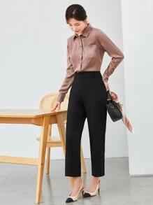 SHEIN Privé 正面有口袋纯色衬衫、长袖上衣 - 藕粉色 - 查看 3