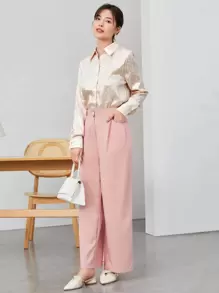 SHEIN Clasi Leopard Jacquard Satin Shirt,Long Sleeve Tops - Apricot - View 3