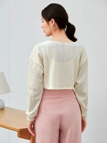 SHEIN Qutie Pin Detail Cable Knit Cardigan - White - View 2