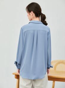 BizChic Women's Solid Color Lapel Cardigan Long Sleeve Drape Blouse, Basic Urban Commute Style, Simple Elegant Fashionable Business Casual Outfit, Suitable For Teachers And Office Wear - Blue - View 2