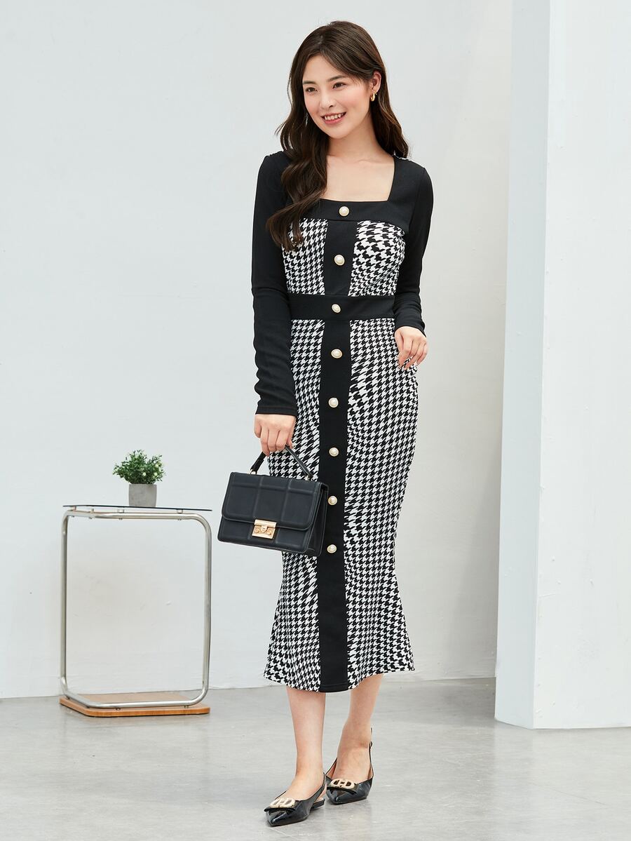 SHEIN Privé Houndstooth Print Button Front Bodycon Dress Workwear - Black and White - View 1
