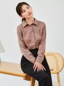 SHEIN Privé 正面有口袋纯色衬衫、长袖上衣 - 藕粉色 - 查看 4