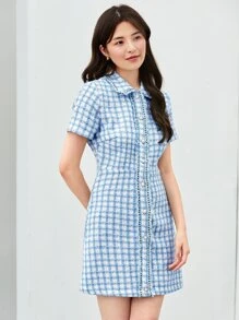 SHEIN MOD Plaid Raw Trim Tweed Dress - Blue and White - View 1