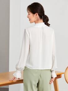 SHEIN Privé Solid Shirred Bell Sleeve Top - White - View 2