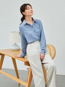 BizChic Women's Solid Color Lapel Cardigan Long Sleeve Drape Blouse, Basic Urban Commute Style, Simple Elegant Fashionable Business Casual Outfit, Suitable For Teachers And Office Wear - Blue - View 3