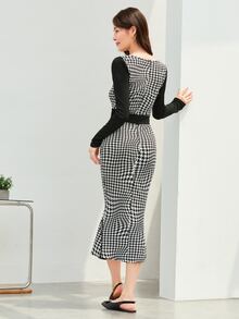 SHEIN Privé Houndstooth Print Button Front Bodycon Dress Workwear - Black and White - View 2