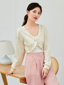 SHEIN Qutie Pin Detail Cable Knit Cardigan - White - View 3