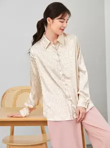 SHEIN Clasi Leopard Jacquard Satin Shirt,Long Sleeve Tops - Apricot - View 5