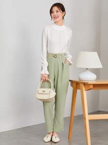 SHEIN Privé Solid Shirred Bell Sleeve Top - White - View 3