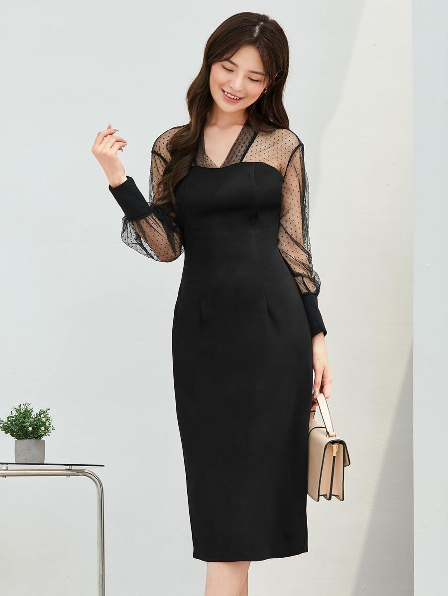 SHEIN Privé Lưới tương phản Viền mép Váy bodycon Trang phục làm việc - màu đen - Xem 1