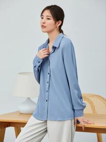 BizChic Women's Solid Color Lapel Cardigan Long Sleeve Drape Blouse, Basic Urban Commute Style, Simple Elegant Fashionable Business Casual Outfit, Suitable For Teachers And Office Wear - Blue - View 4