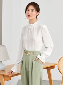 SHEIN Privé Solid Shirred Bell Sleeve Top - White - View 4