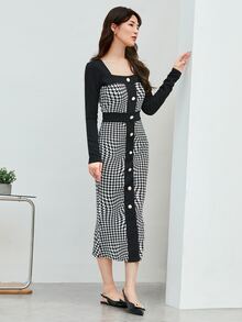 SHEIN Privé Houndstooth Print Button Front Bodycon Dress Workwear - Black and White - View 3