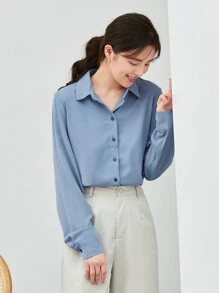 BizChic Women's Solid Color Lapel Cardigan Long Sleeve Drape Blouse, Basic Urban Commute Style, Simple Elegant Fashionable Business Casual Outfit, Suitable For Teachers And Office Wear - Blue - View 5