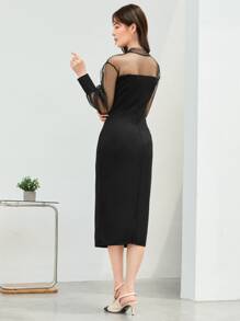 SHEIN Privé Lưới tương phản Viền mép Váy bodycon Trang phục làm việc - màu đen - Xem 2