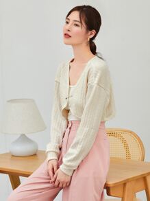 SHEIN Qutie Pin Detail Cable Knit Cardigan - White - View 5