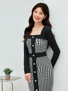 SHEIN Privé Houndstooth Print Button Front Bodycon Dress Workwear - Black and White - View 4
