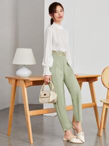 SHEIN Privé Solid Shirred Bell Sleeve Top - White - View 5