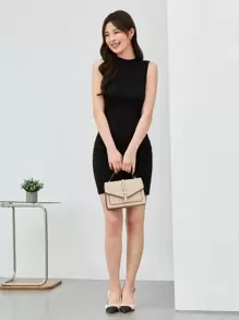 SHEIN BASICS Mock-Neck Bodycon Casual Dinner Dating Dress - Black - View 3