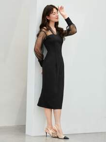 SHEIN Privé Lưới tương phản Viền mép Váy bodycon Trang phục làm việc - màu đen - Xem 3